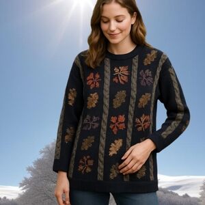 Talbots Fall Leaf Knit Cottage Autumn Cabincore Cable Style Embroidered Sweater